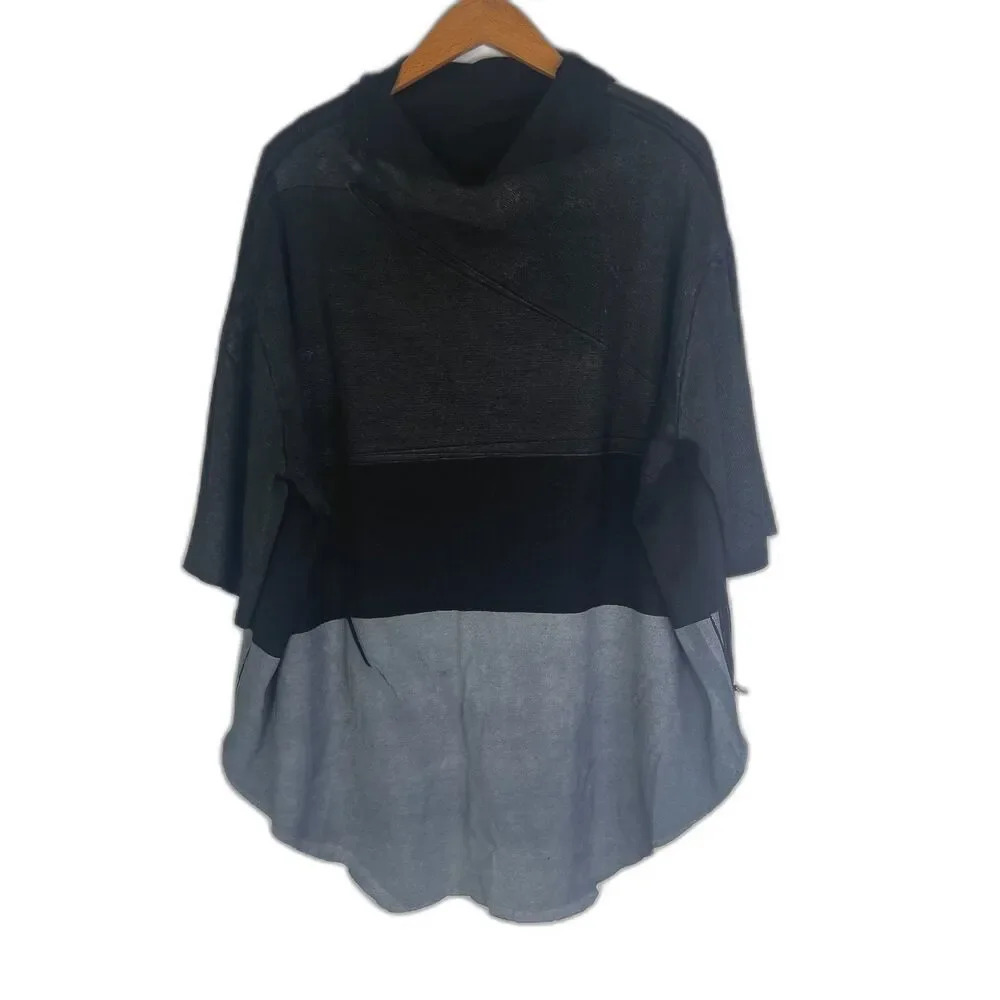 SKIFO Oversized Tunic Lagenlook Black Gray 1/2‎ Sleeve Pullover Sweater Size S/M